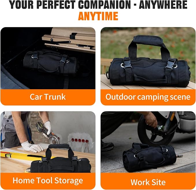 Portable Foldable Roll Up Tool Bag, Heavy Duty Tool Organizer Bag with 5 Compartments & 2 Detachable Pouches for Tools Storage, Waterproof Tool Roll Bag for Dad Men Electrician Mechanic Gifts