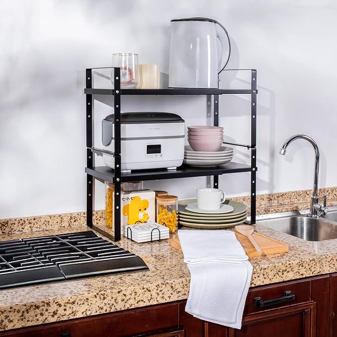 Across-Star Expandable Cabinet Shelf Organizer Rack, Stackable Kitchen Counter Storage Shelves Stand, Adjustable Height Pantry Shelf Spice Rack (Black, 1 Pack)