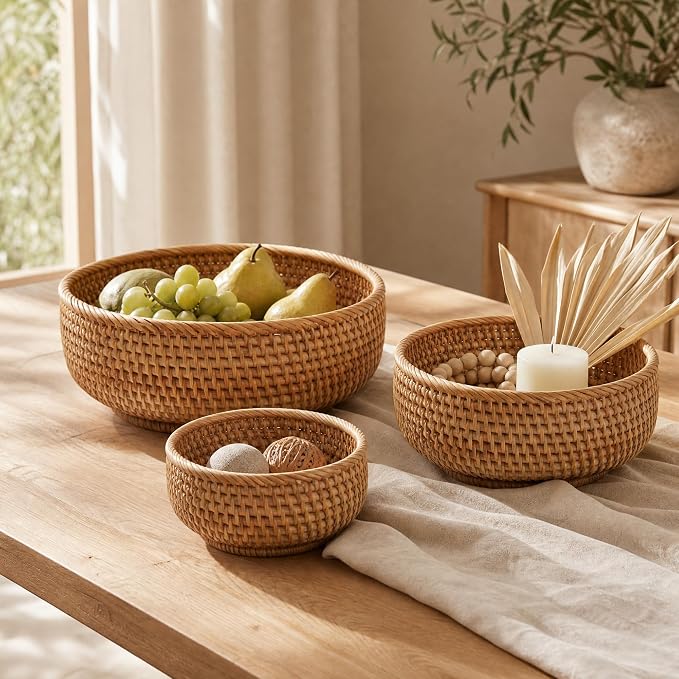 9.3" Rattan Storage Basket – Handmade Decorative Wicker Basket, Home Organization Natural Bread Basket Fruit Bowl Accessories Stationery Storage, Tabletop Bathroom Office Organizer (M, 9.3" x 3.1")