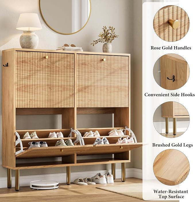 Nicetree Shoe Storage Cabinet for Entryway - Ultra Slim Shoe Cabinet with Tiered Fluted Design - Modern Shoe Organizer with Gold Legs, Hidden Shoe Rack for Small Spaces, Fits Men's Size 13.5