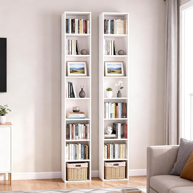 8-Cube Storage Organizer Bookcase, White, Tall Narrow Bookshelf for Home Office (White)