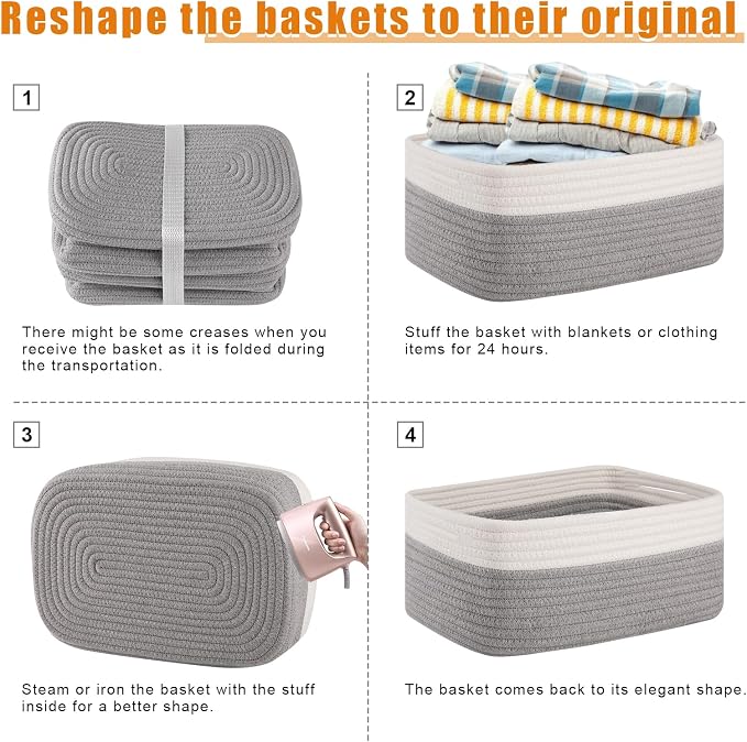 OIAHOMY 4 Pack Storage Baskets for Organizing, Small Bins for Shelves, Cute Decorative Storage Bins, Organizer Baskets for Gifts Empty, 13.8''Lx9.8''Wx5.5''H, Grey/White
