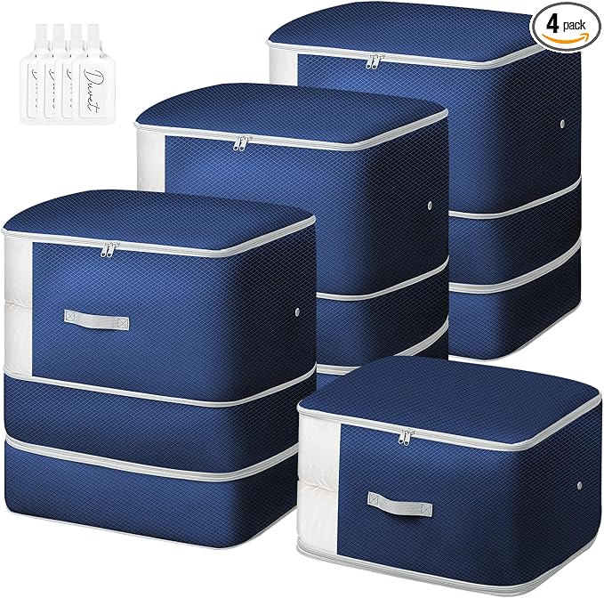 Comforter Storage Bag -Large Capacity Blanket Storage Bags 3-Layer Ultra Space Saving Self Compression Organizer, Washable Compression Bags for Storage Comforter Blanket, 4-Pack, Navy Blue
