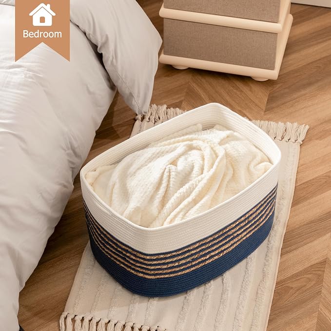 UBBCARE Blanket Basket, Large Rectangle Woven Storage Basket With Handles, Cotton Rope Toy Basket for Living Room, Nursery Baskets for Organizing, 22''L×17''W×12''H, Navy Blue