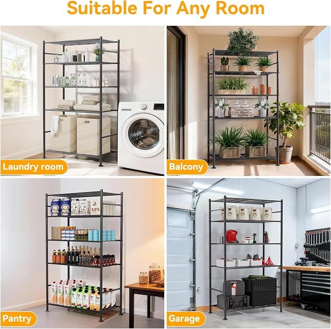 BolDuck 5 Tier Shelf Organizer Rack, Metal Shelving Unit with Adjustable Leveling Feet, Space-Saving Storage Shelves for Garage Closet Laundry Bathroom Kitchen Pantry, 33.07”Wx12.6”Dx72.04”H,Black