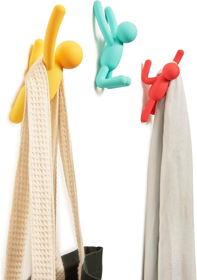Umbra Buddy Wall Hooks – Decorative Wall Mounted Coat Hooks for Hanging Coats, Scarves, Bags, Purses, Backpacks, Towels and More, Set of 3, Red/Blue/Yellow