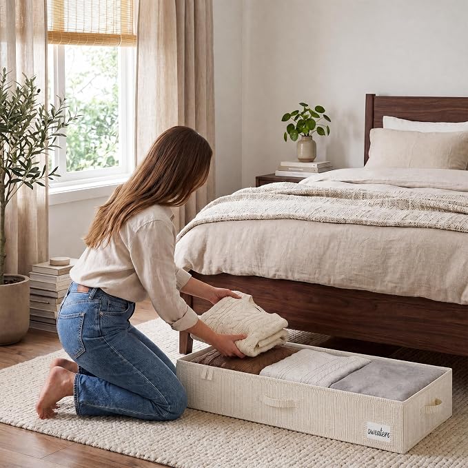 StorageWorks Large Under Bed Storage Containers with Handles and Label Holder, 2 Pack Ultra-thick Fabric Underbed Bins, Brown and White Stripes