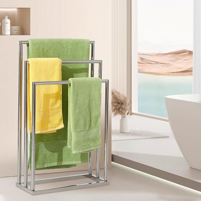 Free Standing Towel Racks for Bathroom, 3 Tier Stainless Steel Bathroom Towel Rack, Towel Drying Rack Stand for Outdoor Poolside, Blanket Holder, Chrome, DECLUTTR