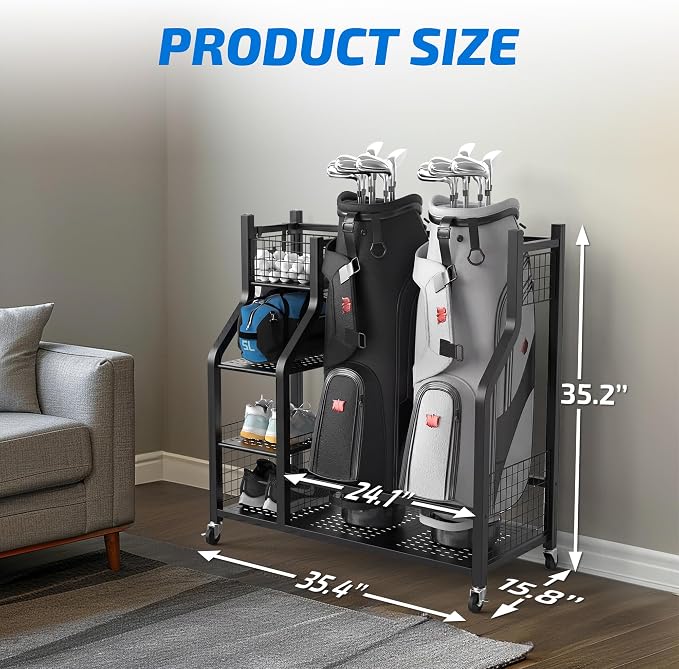 PLKOW Golf Bag Storage Garage Organizer, Extra Large Size Golf Bag Storage Stand and Golf Equipment Rack for Garage,Shed, Basement