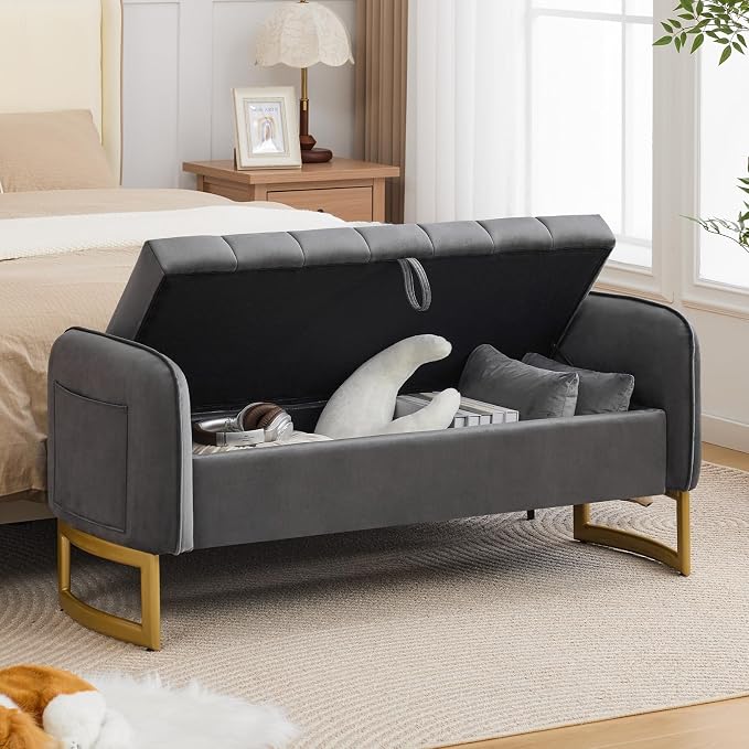 End of Bed Storage Bench, 51'' Velvet Storage Benches for Queen Size Bedroom Foot of Bed, Storage Ottoman Bench with Golden Legs and Pillow for Living Room Window Entryway, Dark Grey