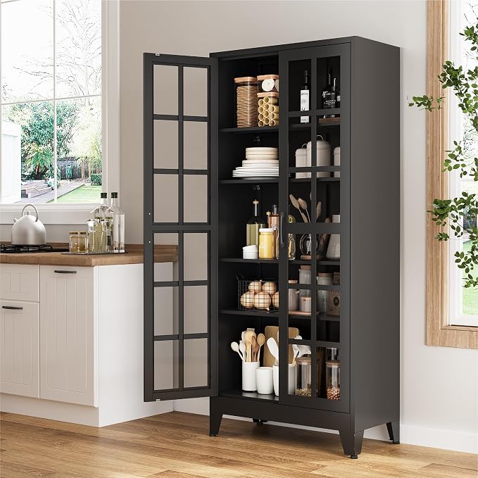 COFaR 71" Black Metal Pantry Cabinet with Glass Doors for Living Room | 5-tier pantry and display cabinet with glass doors and 4 adjustable shelves for kitchen, dining room, living room or office.
