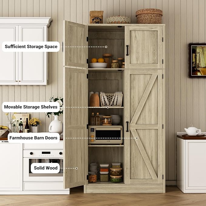 Unikito 71” Tall Pantry Storage Cabinet with Adjustable Shelves, Wash Gray | Large Farmhouse Kitchen Cabinet, Barn Doors, Sturdy and Deep, Versatile for Dinning Room, Living Room, Bathroom, Office
