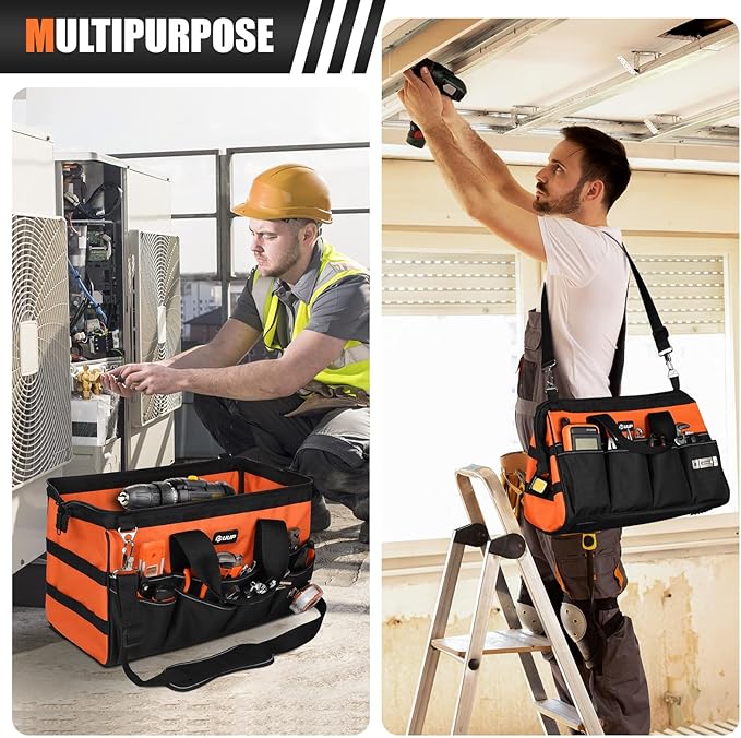 UUP 18" Large Tool Bag, Heavy Duty Spacious Tool Box Organizer, Orange | 16 Pockets & MOLLE. Detachable Strap & Handle. Non-slip Base, Metal Buckle. 30lb Holds Drill/Tool on Truck, Garage, Men Gift.