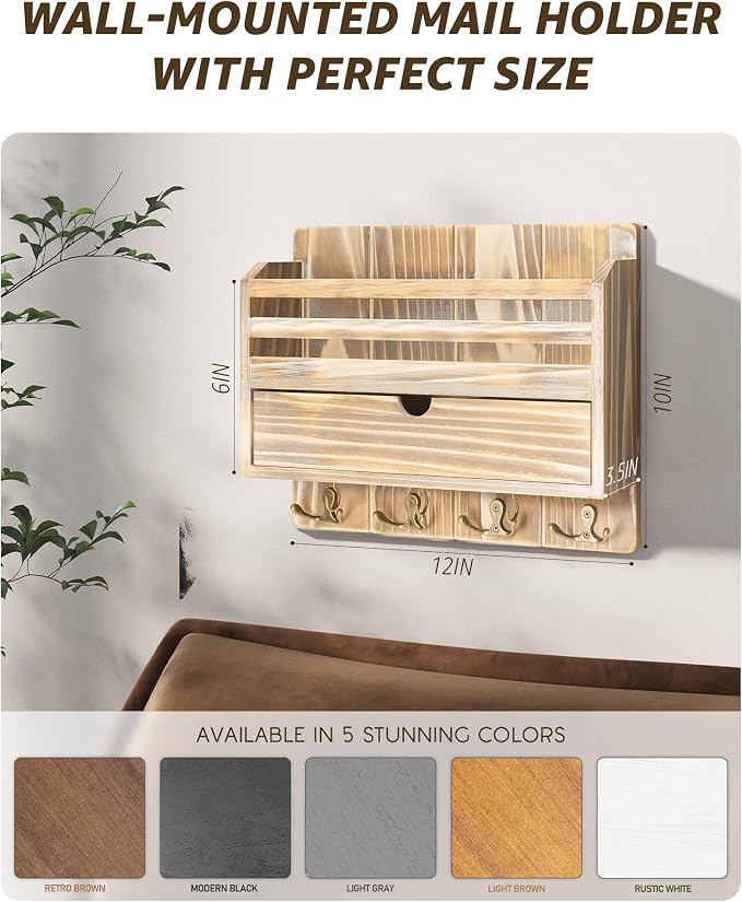 Rebee Vision Farmhouse Mail Organizer Wall Mount for Entryway, Natural Wood | Key and Mail Holder for Wall, 7 Key Hooks, Drawer Organizer, Mail Sorter, Key Hanger, Apartment Essentials, Home Decor