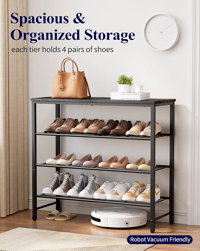 Kitsure Shoe Rack for Closet, Shoe Storage, 29.5" Wide - 4 Tier, Black | Space-Saving Shoe Organizer with Leveling Feet, Sturdy & Rust-Proof Wooden Shoe Rack for Entryway, Bedroom, Living Room