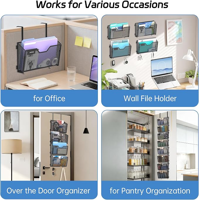 Wall File Organizer, 8 Pack Metal Wall File Holders, Black | Wall organizer with mesh pockets, label panels and hook or screw mounting for A4 and letter files at home, office or school