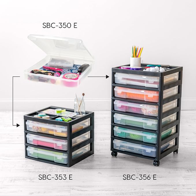 IRIS USA Desk Organizer |Made in USA| 3-Tier Cases - Black/Clear | Fits 12"x12" Paper, Built-In Handles, Storage Unit with Supply Top for Craft, Art, Office Supplies, Pens & Pencils