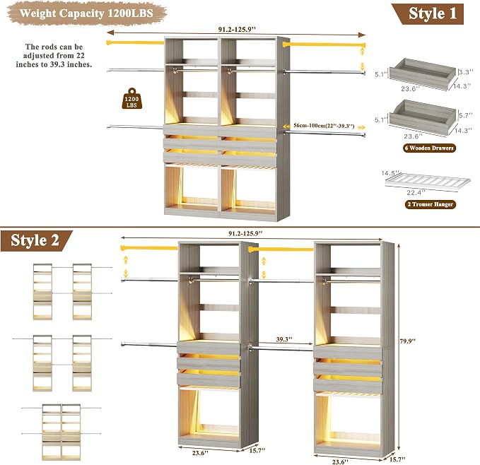Closet System Set of 2, 5.7-10.4FT Closet Organizer System with 6 Wood Drawers & LED Glasstop, Wood Walk-in Closet with 10 Hanging Rods & 2 Trouser Rack, Built-in Garment Rack with Shelves, White Oak