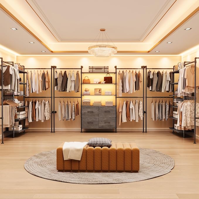 T3 Closet System with Stepless Dimmable LED Light, Industrial Pipe Clothing Rack with 4 Drawers, 6 Wooden Shelves & 4 Telescopic Rods, Heavy Duty Closet Organizers in Wardrobe Closet (Black Gray Oak)