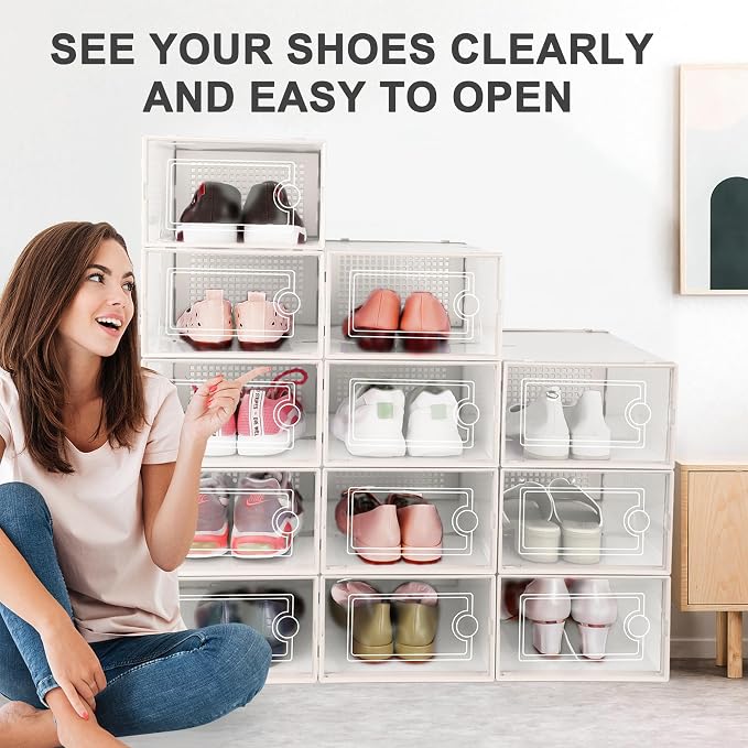 Kuject 12 Pack Large Shoe Boxes, Clear Stackable Containers with Lids,White | Shoe organizers for closet & entryway, under-bed,Drop-front design fits women's size 10