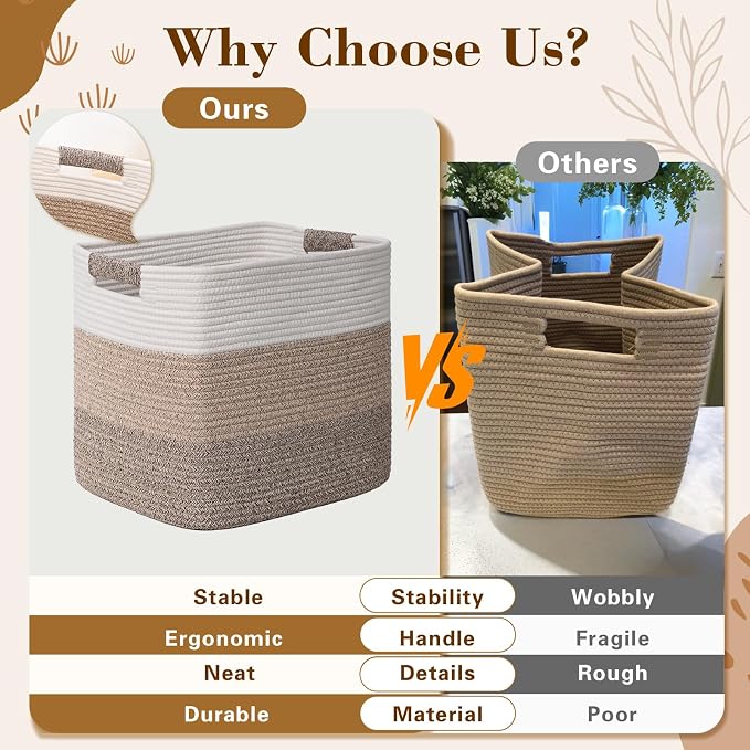 15×13 Inch Storage Cubes, 3 Pack Cube Storage Bins for Organizing, Cotton Rope Woven Baskets for Shelves, Bathroom, Kids Room, Closets, Baby Nursery