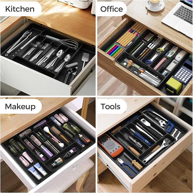 ukeetap Extra Large Expandable Silverware Organizer, BPA-Free Food-Safe Cutlery Flatware Organizer, Kitchen Utensil Drawer Organizer, Adjustable Silverware Holder for Spoons Forks Knives, Black