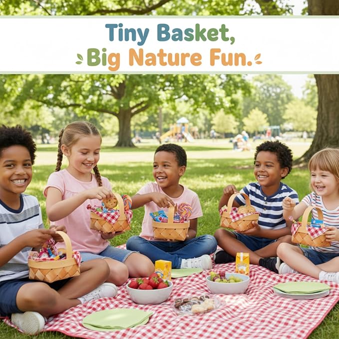 6 Pcs Summer Mini Woven Picnic Basket Party Favor Red White Gingham Paper Napkins Wood Chip Mini Flower Fruit Picnic Basket Chip for Summer Wedding Party Baby Shower Decoration (Large)
