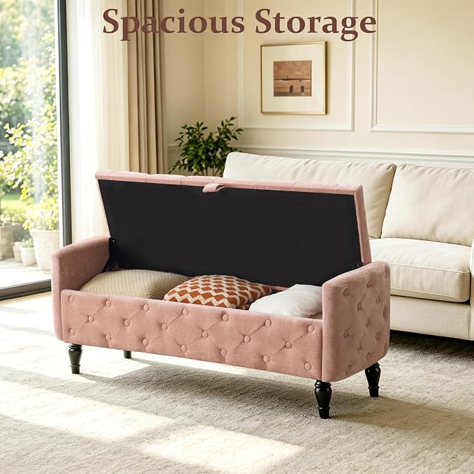 Royal Windsor 48" Ottoman with Storage,Tufted Storage Bench with Safety Hinge,Holds up to 350 lb,Black Wood Legs,Upholstered Bench with Arms for Bedroom,Living Room,Entryway,Linen Pink