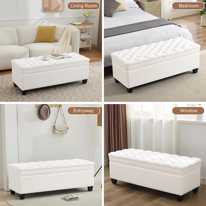 WUTUTUEE 51" Fabric Storage Ottoman Bench, Upholstered Rectangle End of Bed Storage Ottoman Tufted Living Room Bedroom Bench with Safety Hinge, Solid Wood Legs, Loads 500 lb(Beige)