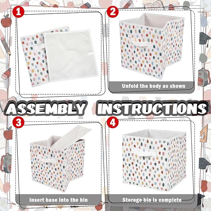 6 Pcs 11 Inch Polka Dots Fabric Storage Cube Bin Woven Foldable Storage Cubes for Classroom Basket Bin Classroom Organizer with Handle Decor for Organizing Clothes, Toy, Book