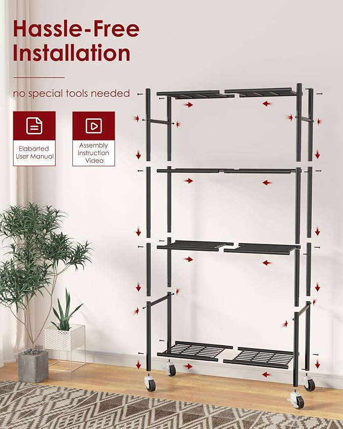 Sakugi 4-Tier Storage Shelves 33.1" x12.6" x58.9" Black with Wheels | Kitchen, Closet, Pantry, Garage, Heavy Duty, Adjustable Feet, Metal Construction