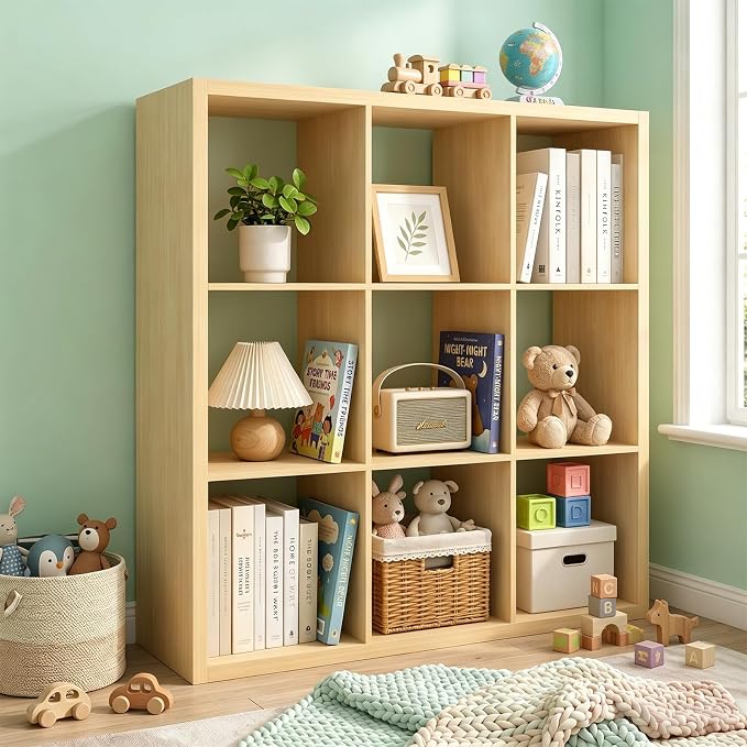 CTESNE【Wooden Thick Frame 9 Cube Storage Organizer Shelf with Anti-Tipping Kits + Reversible Open Back Bookcase, Horizontal and Vertical Dual-use Standing Bookshelf(Oak,13inch)