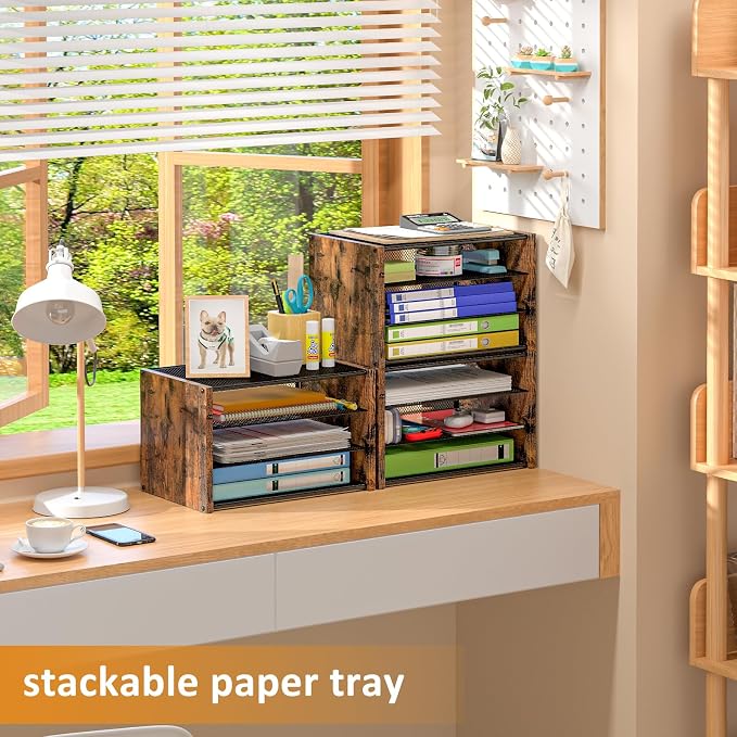 DAOUTIME 3-Tier Paper Letter Tray, Wooden Desk File Organizer, Stackable Metal Mesh Desk Organizer for Office Supplies. Small Paper Trays for Home Office School, Rustic Brown