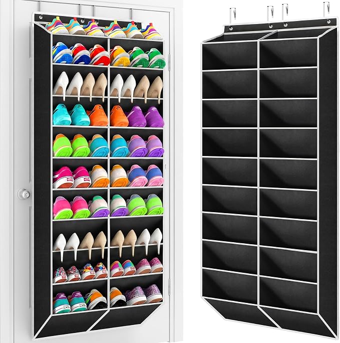 Yecaye 16-24 Pairs Over the Door Shoe Organizer, Large Capacity Hanging Shoe Rack for Door Hanger with Deep Pockets, 8 Tier Shoe Holder for Sneakers Boots Heels College Dorm Essentials, Black