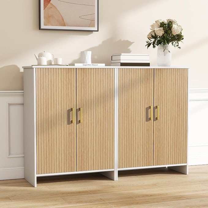 Bathroom Storage Cabinet, Floor Cabinet with 2 Fluted Doors and 2 Adjustable Shelves Wooden Freestanding Organizers and Storage, White