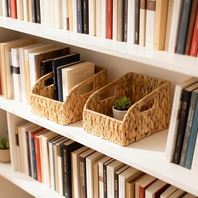 Pantry Baskets and Organizers, Large Wicker Baskets for Shelves, Handwoven Labeled Storage Basket for Organizing with Handles-Water Hyacinth Storage Bins, Boho Decorative, 3Pack, Natural