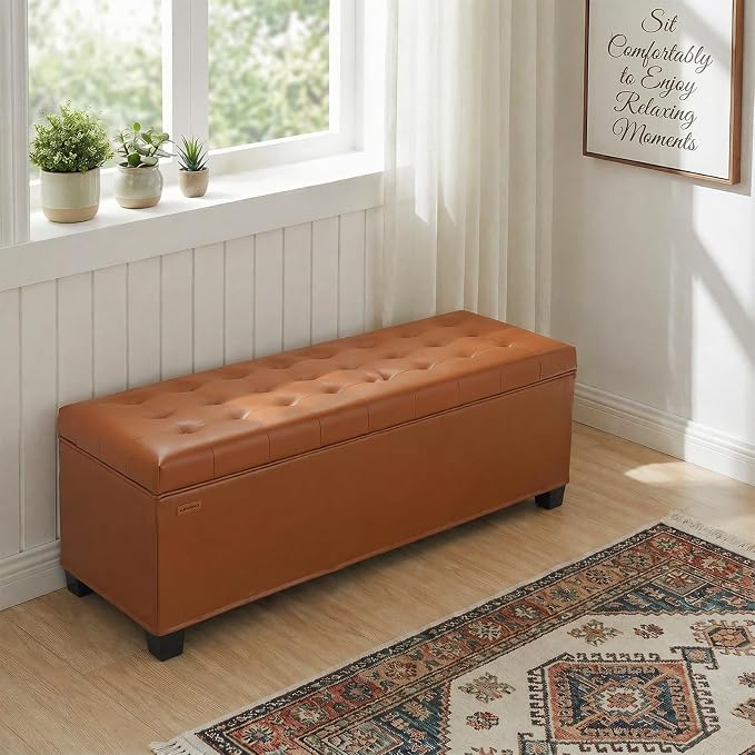 ABHENG 43.5”W Metal Frame end of Bed Storage Ottoman Bench UASND624Z | hold up to 770 LB,100L of Storage space,Water proof Synthetic Leather Cover ,43.5”W x 15.7”D x 15.7”H, Window entryway bench