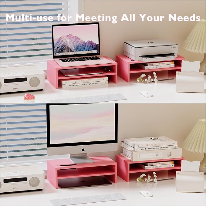 BONTEC Wooden Monitor Stand Riser for Desk, 2-Tier Computer Monitor Stand | 66 lbs Desk Shelf Organizer with Storage, Laptop & Printer Stand with Phone Holder and Cable Management, Pink, 16.5 Inch