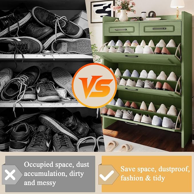 ODUWA Shoe Cabinet with 3 Flip Drawers and 2 Storage Drawers, Shoes Organizer Cabinets with Adjustable Divider, Hidden Shoe Rack Shoe Storage Cabinet for Entryway, Hallway, Green