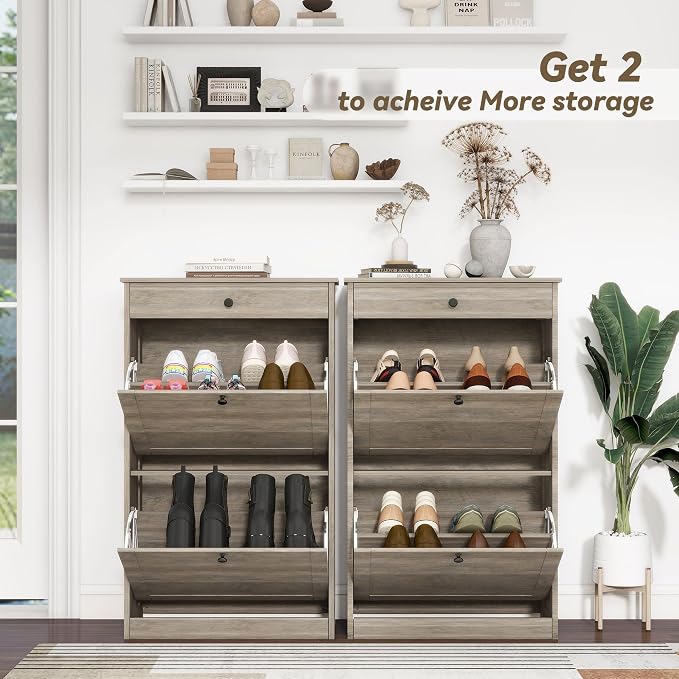 Shoe Cabinet with 2 Flip Drawers, Freestanding Shoe Storage Organizer | Narrow Shoe Rack with Drawers, Slim Shoe Cabinet for Entryway, Closet, Hallway, Living Room, Rustic Gray