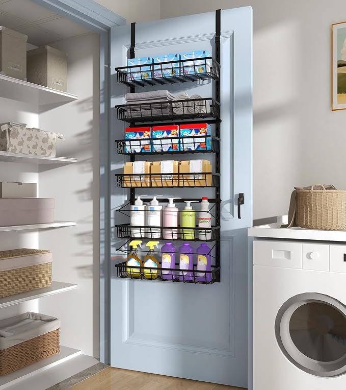 Mefirt Over The Door Pantry Organizer, Pantry Storage and Organization | 6-Tier Adjustable Hanging Baskets, Metal Wall Mount Spice Rack Seasoning Shelves for Home & Kitchen, Laundry Bathroom - Black