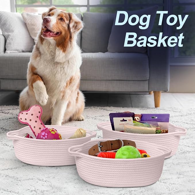 MEGASKET Pink Small Woven Basket, 13” x 9” x 5” Baskets for Gifts Empty, Cotton Rope Gift Basket, Cute Nursery Baby Organizer, Cat Dog Toy Bin Box, Wicker Storage Bin with Handle