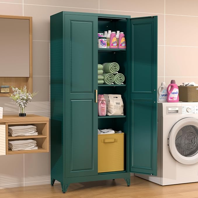 75" Tall Green Metal Storage Cabinet with Doors, Heavy Duty | Freestanding Steel Kitchen Pantry Cabinet, 4 Adjustable Shelves (180 Lbs Load), Tall Cabinets for Home, Office and Garage