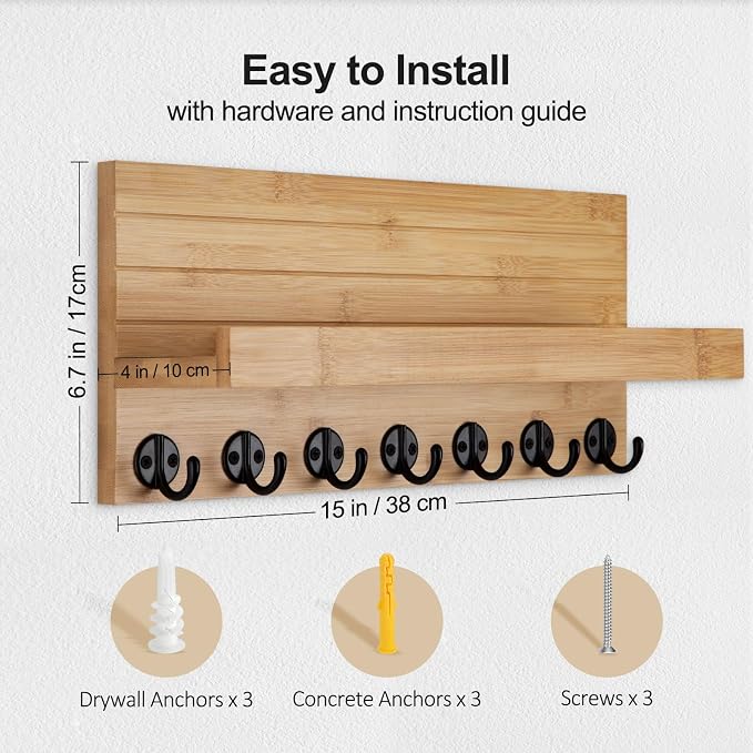 Lwenki Key Holder Wall Mount, Entryway Key and Mail Holder with 7 Sturdy Hooks for Sunglasses, Dog Leash, Decorative Wall Shelf with Mounting Hardware, 15”W x 6.7”H x 4.2”D