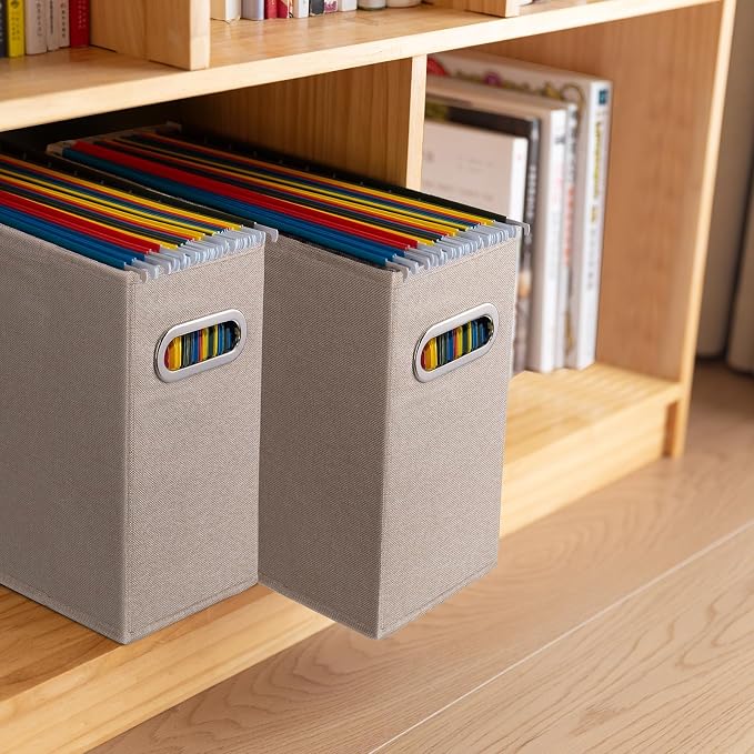 6 Pack Letter Size File Storage Box Collapsible,Fabric Hanging File Folders Organizer, Portable Office Document Holder with Metal Handle, Smooth PVC Rails, Beige