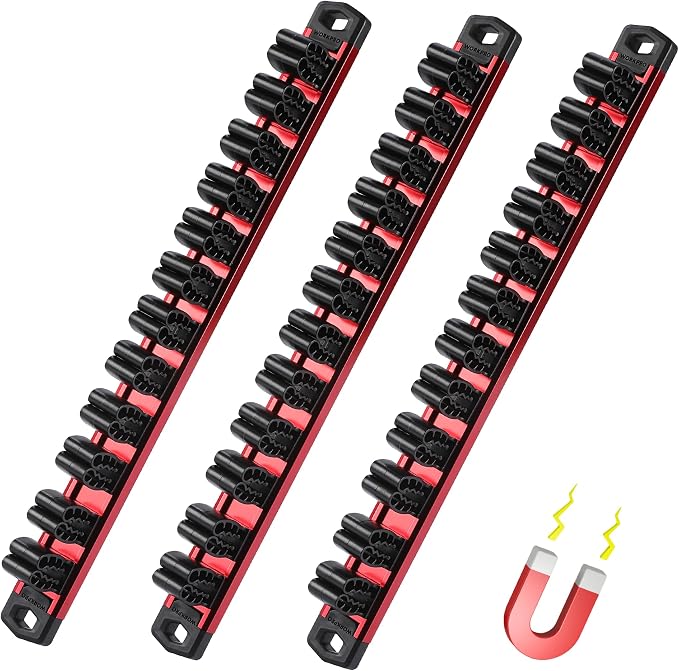 WORKPRO Magnetic Screwdriver and Wrench Organizer Set, 36-Slot Tool Holders | 3-Pack Aluminum Rails, Magnetic Force, Flexible High-Tension Tool Clips, For Tool Box Drawer & Wall-Mount Storage