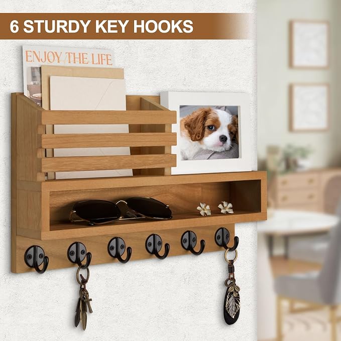 Key and Mail Holder Wall Mount, Key Hanger with Long Storage Box and Key Hooks for Coat, Dog Leash, Home Decor Rack, House Accessories, Entry Way Organizer