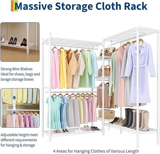 Heavy Duty Garment Rack Stable Clothes Rack for Hanging Clothes Wardrobe Closet with Adjustable Shelves & Hanging Rods for Bedroom 70.5" H x 85.4" L x 17.4" W
