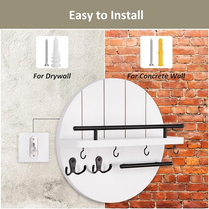 Nekon Rustic Wall Mount Key Organizer, 11.8 Inch Rack with Shelf and 6 Hooks, Circular Wooden Key Hanger for Entryway Hallway Kitchen (White)
