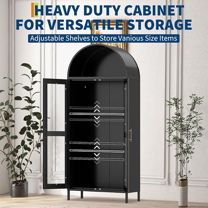 Garvee 73" Tall Arched Cabinet with Glass Doors and Adjustable Shelves | Black Arched Bookcase & Bookshelf, Freestanding Display Cabinet for Dining, Kitchen, Living Room, Powder-Coated Finish
